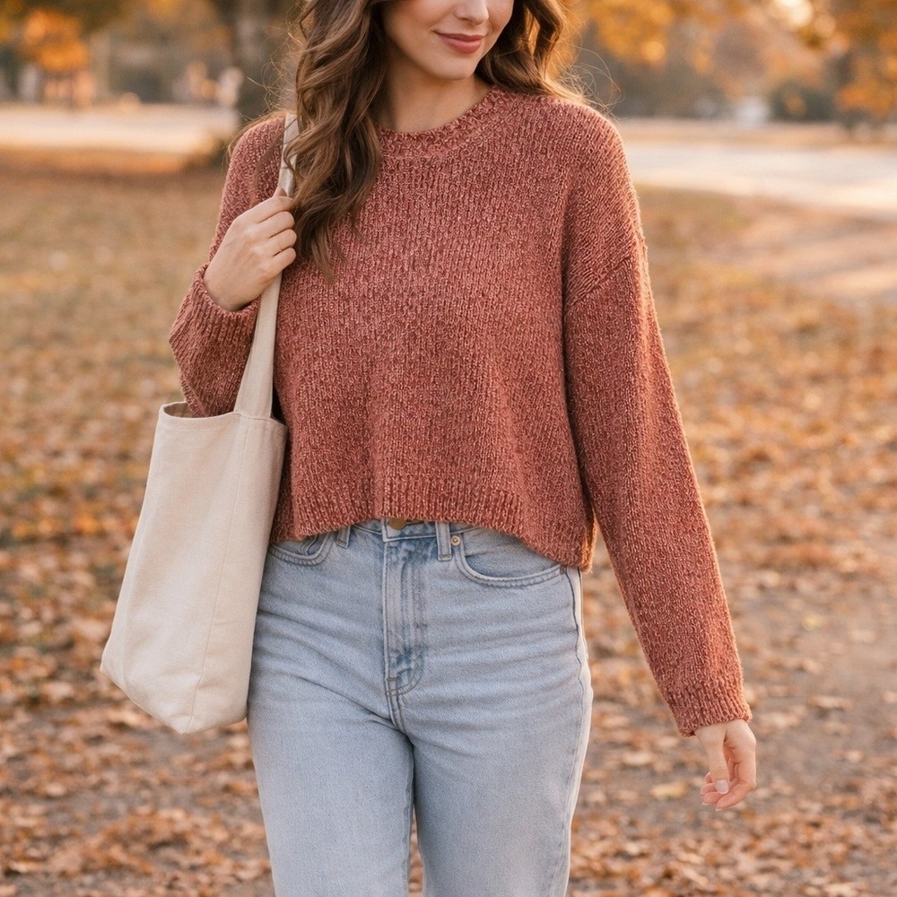 American Eagle Knit Sweater Size Medium Marled Red Oversized Crop